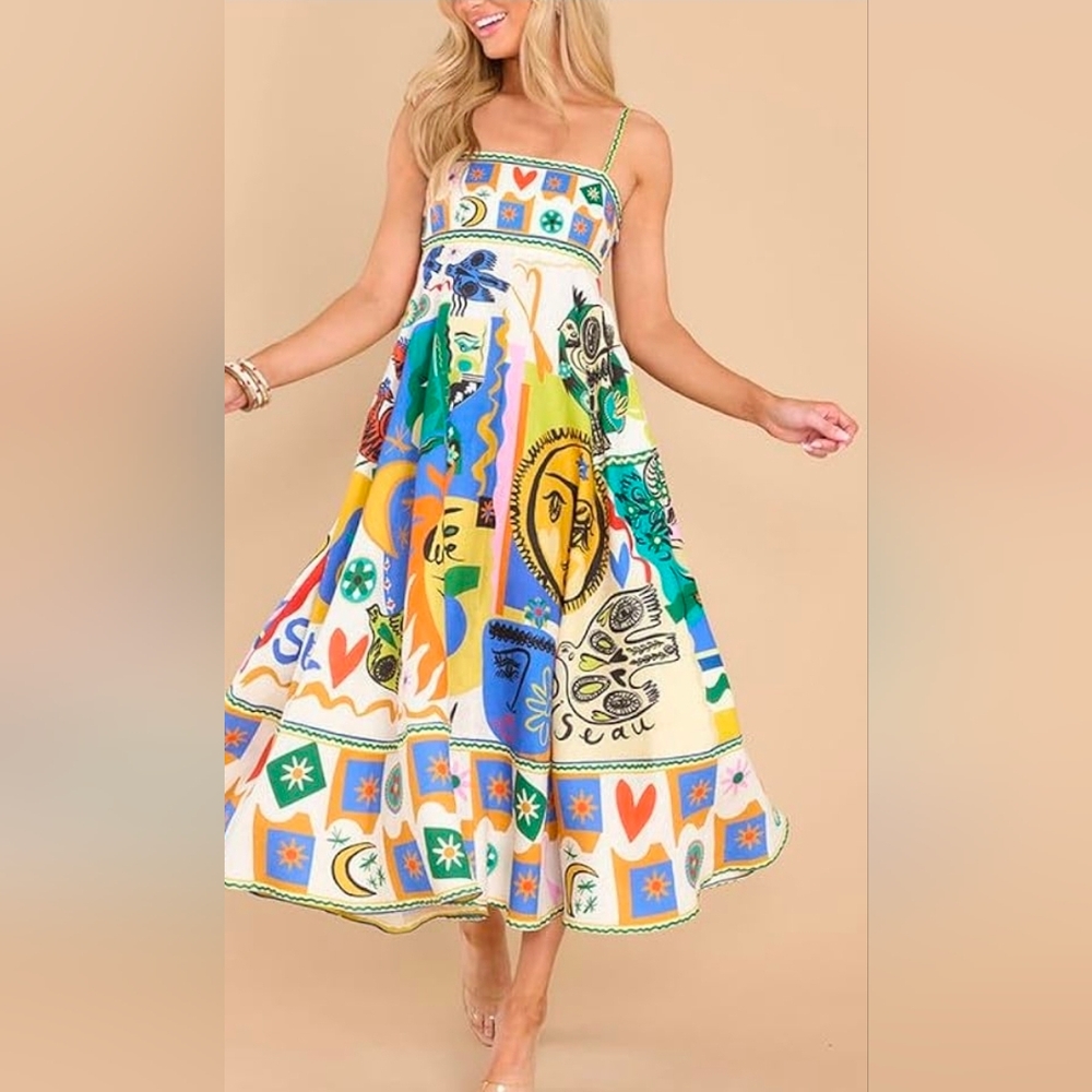Maxi Sundress with Colorful Graphic Print With Pockets XL